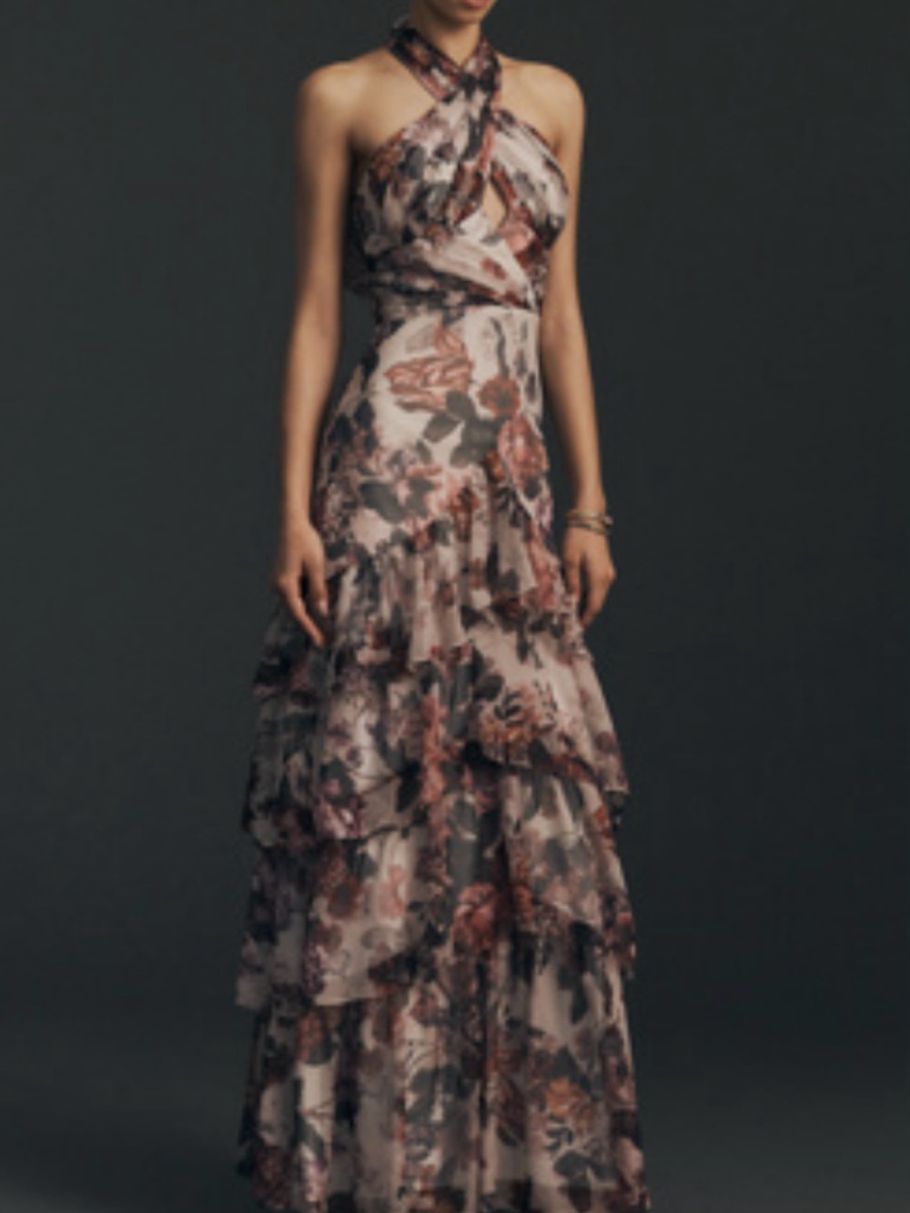 Dress The Population Maya Floral Halter Cut Out Tiered Maxi Dress